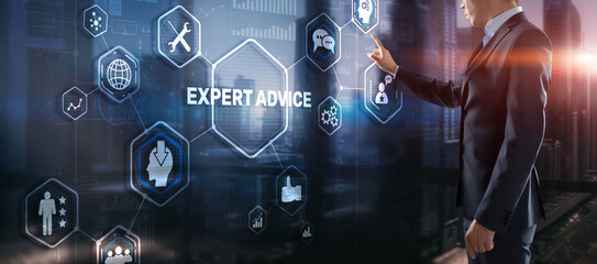 Expert advice. Businessman hand touching inscription on virtual screen