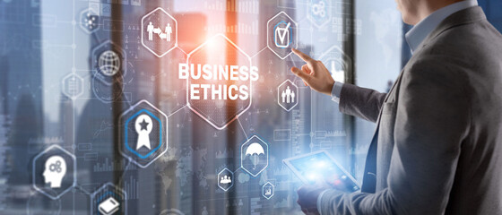 Fototapeta na wymiar Business man writing business ethic concept on virtual screen