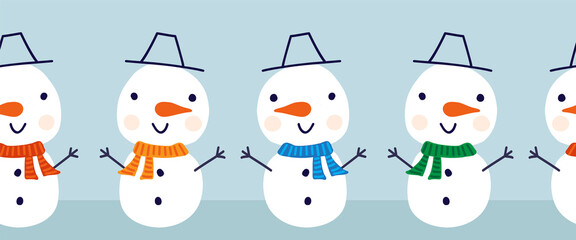 Snowman seamless vector border. Cute snowmen standing in horizontal row. Winter holidays repeating border flat Scandinavian style. For kids decor, ribbons, kids winter wear, banner, greeting card.