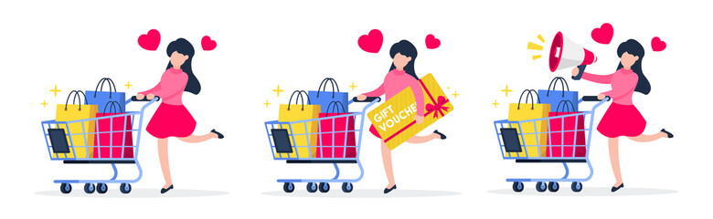 Woman holds megaphone and colorful shopping bags in cart. Creative business marketing concept of promotion announcement, special deal, or flash sale. Trendy cute cartoon flat vector illustration.