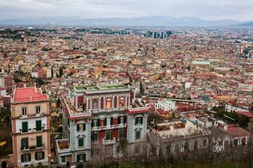 City of Naples downtown, view the castle at the top of the hill