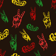 Seamless Pattern with Hands Victory Gesture and "Peace" Words of Green, Yellow and Red Colors on Black Background. Vector Illustration.