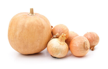 Yellow pumpkin and onions.