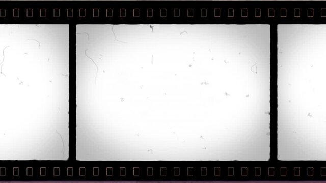 IMAX Film Frame 4K with Sprocket Hole and Noise, Dust, Hair, Scratches on Old Damaged Film Seamless Texture. Animated Only Perforation Frame is Motionless. Tape Loop. Opacity or Screen Mode Usage 