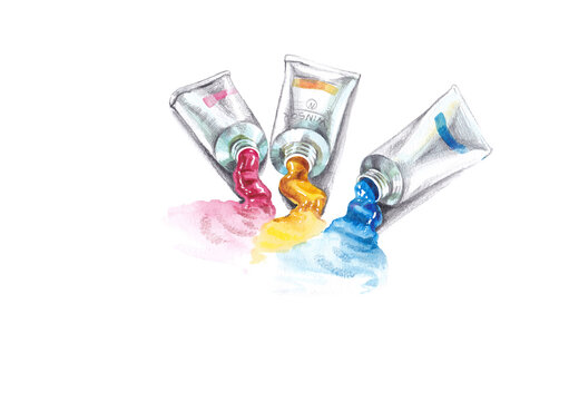Illustration 3 open tubes of paint with squeezed paint from them.Colors are blue, pink and yellow.In  mixed technique of watercolor and  simple pencil. Print, postcard,graphic resource.
