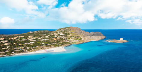 View from above, stunning aerial aerial view of La Pelosa Beach bathed by a turquoise, crystal clear water. Spiaggia La Pelosa, Stintino, north-west Sardinia, Italy.