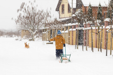 A boy in a yellow jacket and a warm hat with a red dog walks down a snowy street. A child pulls a sled. Winter fun outdoors. mental state, emotion. Disease prevention. World mental health day
