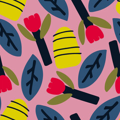 Random hand drawn floral seamless pattern. Abstract flat cartoon background with organic shapes.