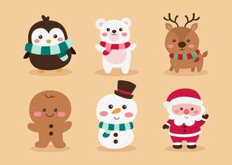 Christmas cute characters set isolated on cream background. vector Illustration.