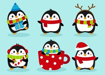 Penguins christmas penguin characters in winter set isolated on blue background. vector Illustration.
