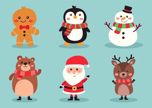 Christmas cute characters set isolated on blue background. vector Illustration.