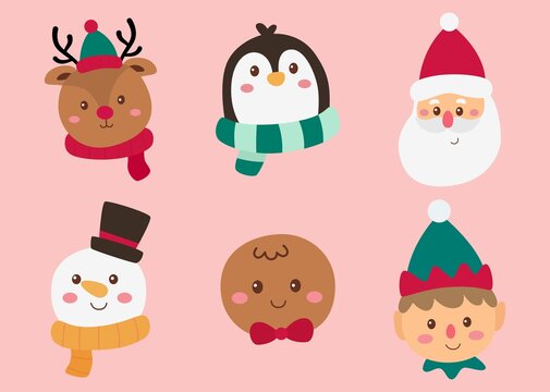 christmas characters faces set isolated on pink background. vector Illustration.