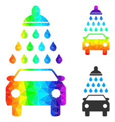 Fototapeta na wymiar lowpoly car shower icon with spectral gradient. Spectral vibrant polygonal car shower vector is filled with randomized vibrant triangles.