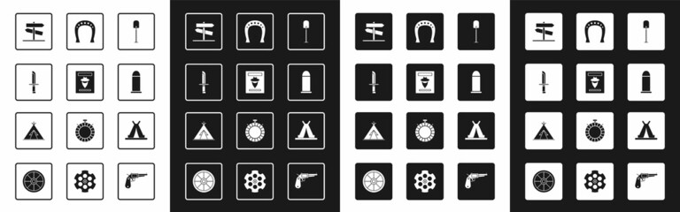 Set Shovel, Wanted western poster, Military knife, Road traffic signpost, Bullet, Horseshoe, Indian teepee wigwam and icon. Vector © Vadim