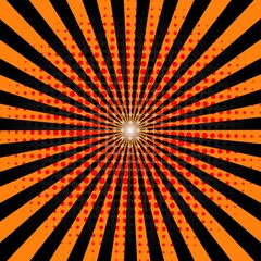 Orange and Black Sunburst Pattern Background. Rays. Sunburst background. Vector illustration. Orange and purple radial Halloween background. Halftone background.