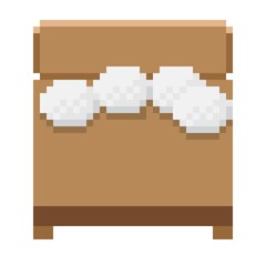 Wooden bed and pillows bed pixel art. Vector picture. Bedroom furniture.