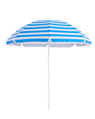 Blue beach umbrella parasol isolated on white background - obrazy, fototapety, plakaty