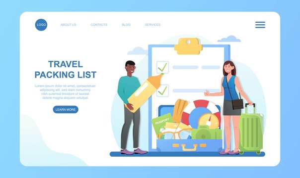 Travel cheklist concept. Man with pencil and girl checking things before trip. Packing, check marks. Planning concept, international. Cartoon flat vector illustration isolated on white background