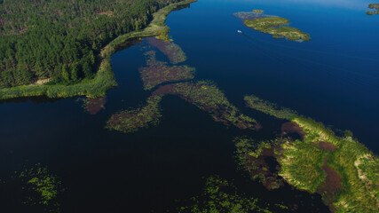 Aerial View of Place for hunting and fishing on the river. Dnipro river.