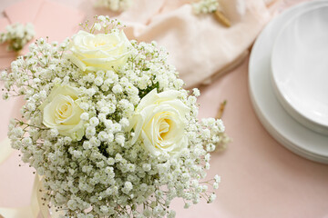 Beautiful wedding bouquet on table, closeup