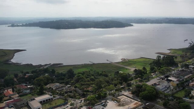 Aerial view of the Interlagos district. Beautiful houses and a view of the Guarapiranga dam