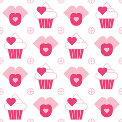 Valentine's day abstract background with cupcakes, mouths, hearts geometric simbols. Sweet love pattern. Texture, ornament for wallpaper. wrapping paper, textile, fabric, menu cover, invitation