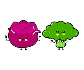 Funny cute happy red cabbage and broccoli, characters bundle set. Vector kawaii line cartoon style illustration. Cute red cabbage and broccoli mascot friends concept