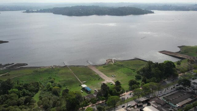 Aerial view of the Interlagos district. Beautiful houses and a view of the Guarapiranga dam
