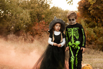 boy and girl dressed as a witch and a skeleton with pumpkins in nature in warm orange colors