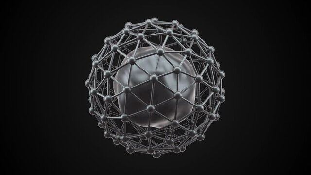 Molecular 3d render of structure of nucleus. Network of both protons and neutrons circling around circular microscopic sphere. Synthesis of nuclear reactions and decay processes.