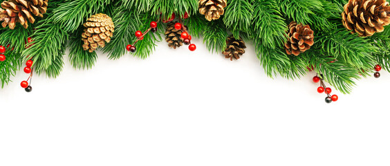 Christmas and New Year background with green spruce branches, white banner, top view, copy space