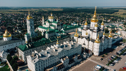 Naklejka premium Aerial view - Holy Dormition Pochayiv Lavra, Pochayiv, Ukraine