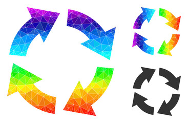 lowpoly circulation icon with spectral vibrant. Rainbow vibrant polygonal circulation vector is filled from scattered vibrant triangles. Flat geometric lowpoly symbol is based on circulation icon.
