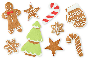 Fototapeta na wymiar decorated christmas gingerbread cookies on isolated white background