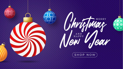 Fototapeta na wymiar Candy Christmas card. Merry Christmas sweet greeting card. Hang on a thread mint candy lollipop ball as a xmas ball and colorful bauble on purple horizontal background. Vector illustration.