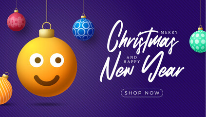 Merry Christmas card with smile emoji face. Vector illustration in flat style with Xmas lettering and emotion in christmas ball hang on thread on background