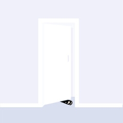 Black Cat paw open white door on grey art flat design stock vector illustration for web, for print