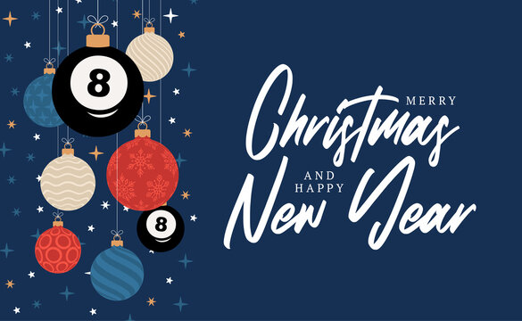 billiard christmas greeting card. Merry Christmas and Happy New Year flat cartoon Sports banner. billiard ball as a xmas ball on background. Vector illustration.