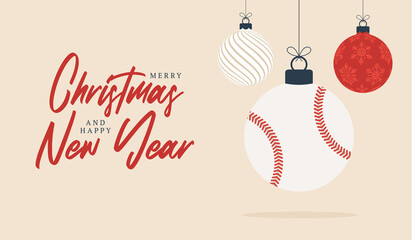 Naklejka premium baseball christmas greeting card. Merry Christmas and Happy New Year flat cartoon Sports banner. baseball ball as a xmas ball on background. Vector illustration.