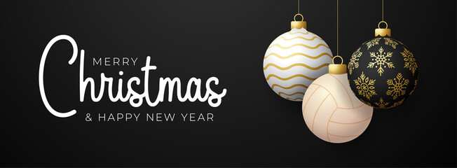 volleyball Christmas card. Merry Christmas sport greeting card. Hang on a thread volleyball ball as a xmas ball and golden bauble on black horizontal background. Sport Vector illustration.
