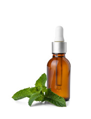 Cosmetic dropper bottle with fresh mint on white background