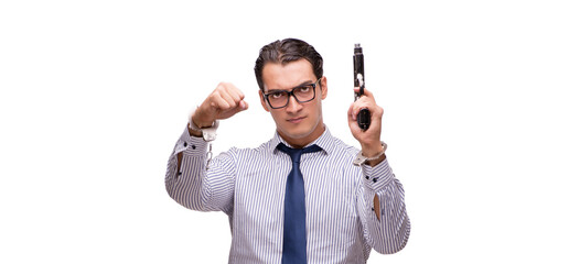 Young businessman with gun isolated on white