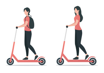 People are riding kick scooters. Flat colored illustration. Isolated on white background.  © Kay