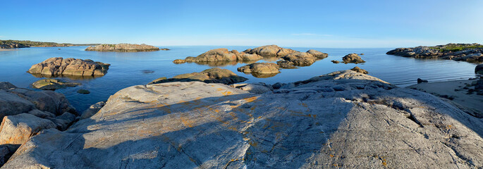 Panoramic view of Rocky Bay and islands of Saint Lawrence Estuary in Riviere-au-Tonnerre area, Cote-Nord, Quebec