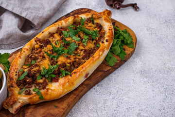 Traditional Turkish pide with meat