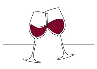Continuous one line drawing of cheers two wine glasses. Colored vector illustration