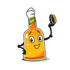 Funny cartoon beer bottle. Beer bottle character. Cute face express happy emotions. Design elements isolated on white background. Cartoon flat vector.