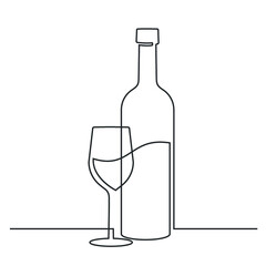 Continuous one line drawing of wine glass and bottle. Vector illustration