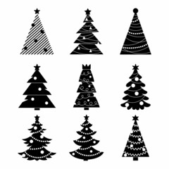 Black and white christmas trees collection. Set of vector Christmas trees icons on a white background. Simple scandinavian trendy flat vector. Hand drawing. 