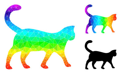 Low-poly cat icon with rainbow colored. Rainbow colorful polygonal cat vector is constructed of chaotic colorful triangles. Flat geometric mesh symbol is designed by cat icon.